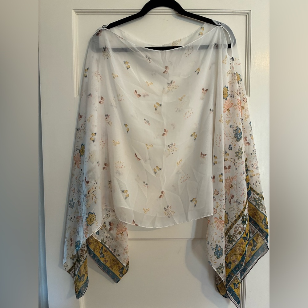 Sheer Floral & Butterfly Scarf Shawl in White with Yellow and Blue Accents